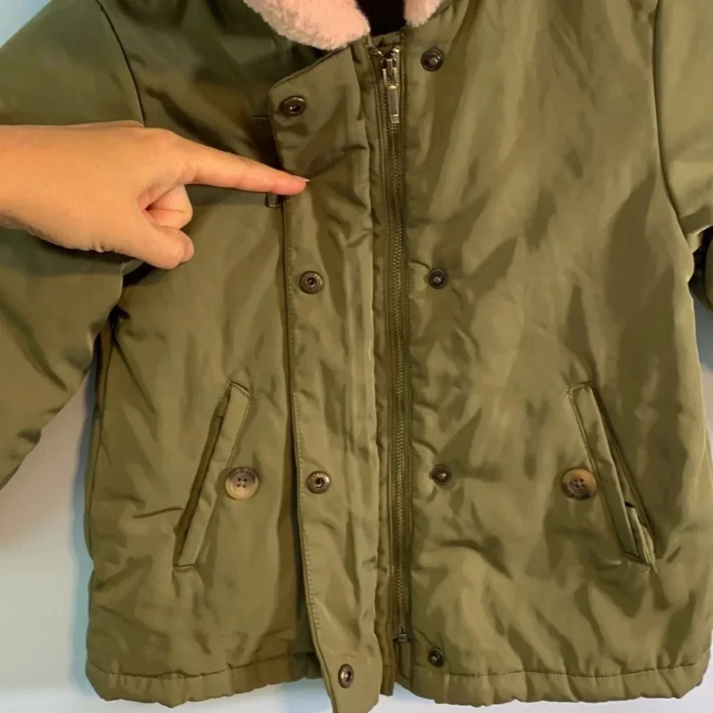 Gymboree size 3t olive military green zip up pink fur hood like new winter parka